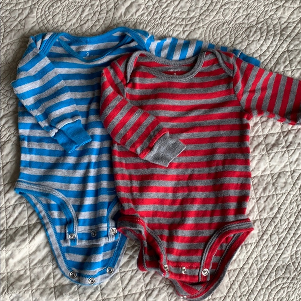 Carter’s 3 month onesies blue grey red striped